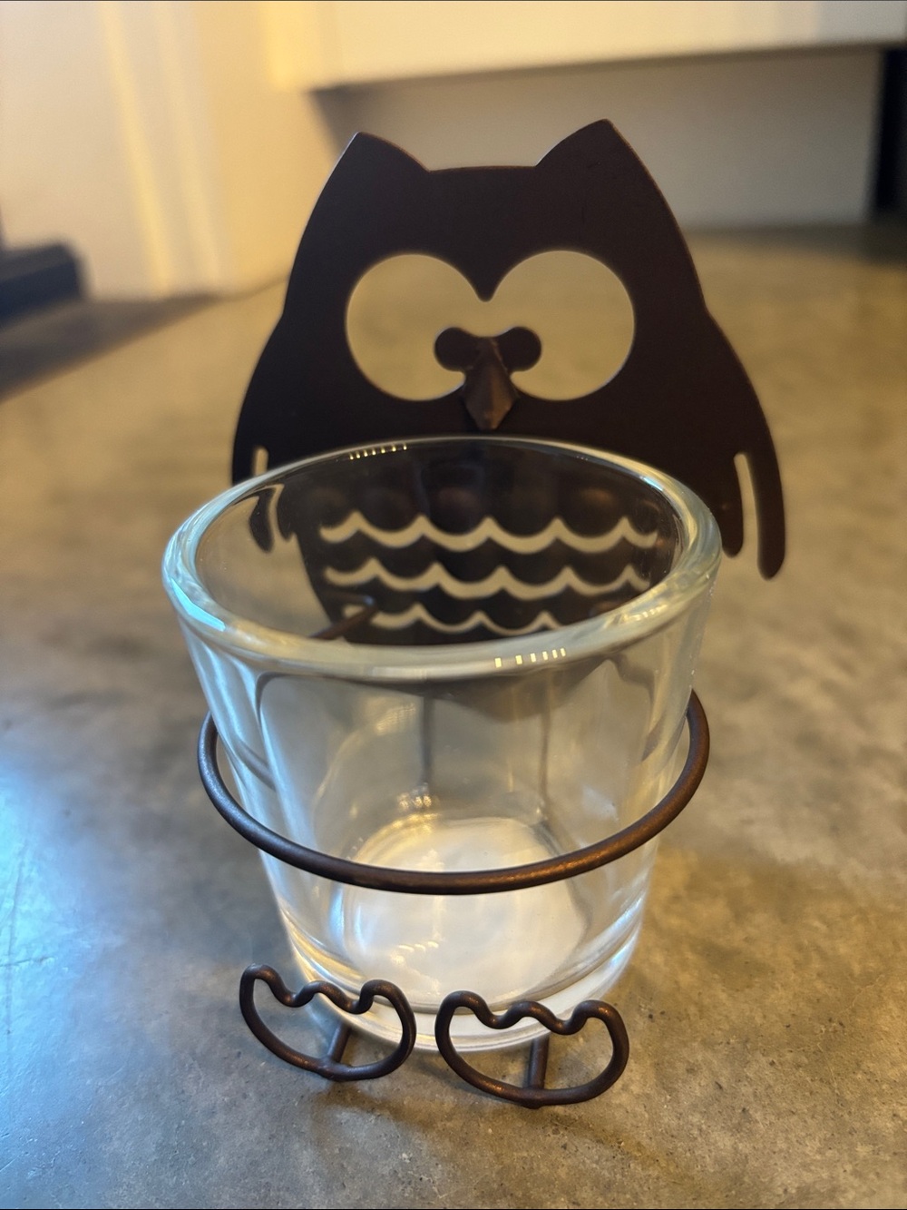 Owl Design Glass Tea Light Holder - Brown